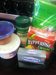 Ingredients for an awesome cheesy pizza dip!