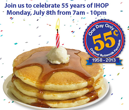 On Monday July 8th from 7 AM to 10 PM, get a short stack for $0.55 at IHOP