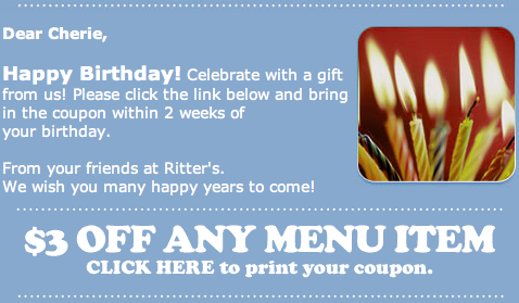 Ritter's Birthday Freebie: $3 Off Any Menu Item