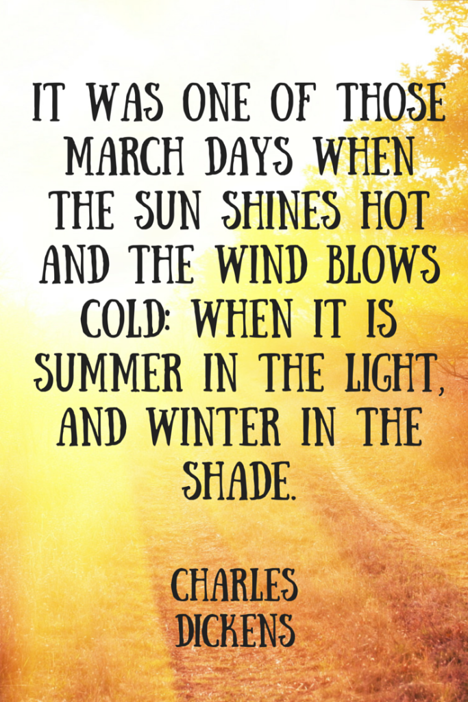 It was one of those March days when the sun shines hot and the wind blows cold: when it is summer in the light, and winter in the shade. Charles Dickens