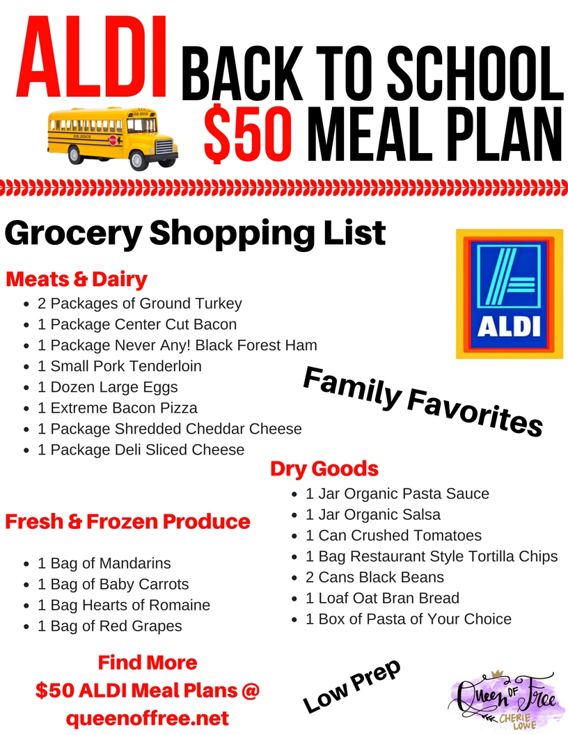 What? 5 Dinners and a HUGE brunch for less than $50? Check out an ALDI Back to School Meal Plan with quick ideas, a free printable grocery list, and more!