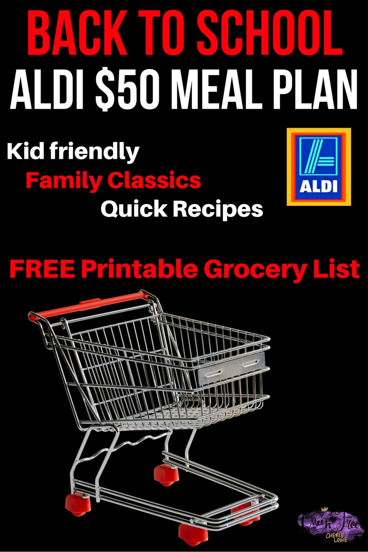What? 5 Dinners and a HUGE brunch all for less than $50? Check out this ALDI Back to School Meal Plan with quick and easy ideas, a free printable grocery list, and more!