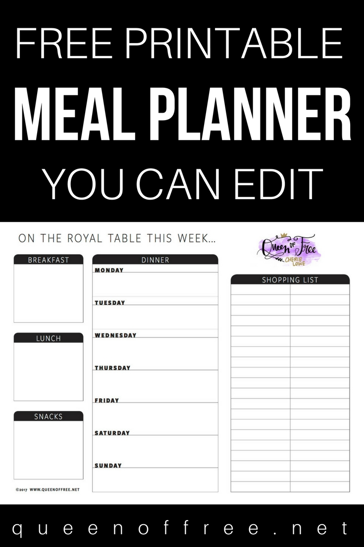 Check out this cute FREE printable meal planner! You can even edit the form customizing your own weekly menu before printing.