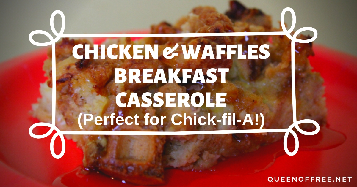 YUM! This out of the box Chicken and Waffles Breakfast Casserole becomes even yummier when you use Chick-fil-A nuggets in the recipe. 