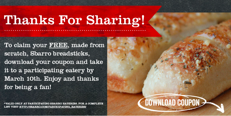FREE Breadsticks at Sbarro {Facebook}