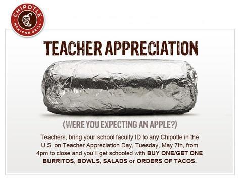 Chipotle: B1G1 Entrees for Teachers on May 7th