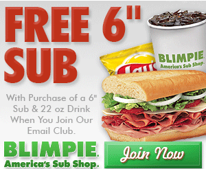 FREE Blimpie 6″ Sub with Drink Purchase