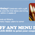 Ritter's Birthday Freebie: $3 Off Any Menu Item