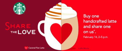 February 14, B1G1 Lattes at Starbucks from 2-5 pm
